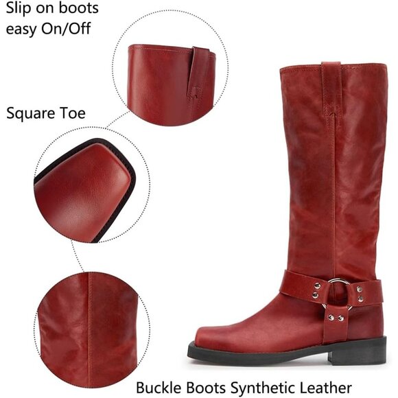 Women's Polyurethane Red Squared Toe Knee High Tall Riding Motorcycle Boots - Picture 5 of 7